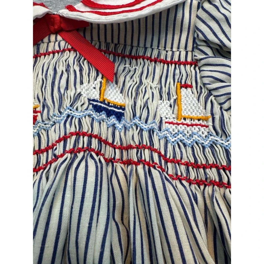 Vintage 1980s Girls Sailor Dress Smocked Nautical Striped Handmade Approx 4T